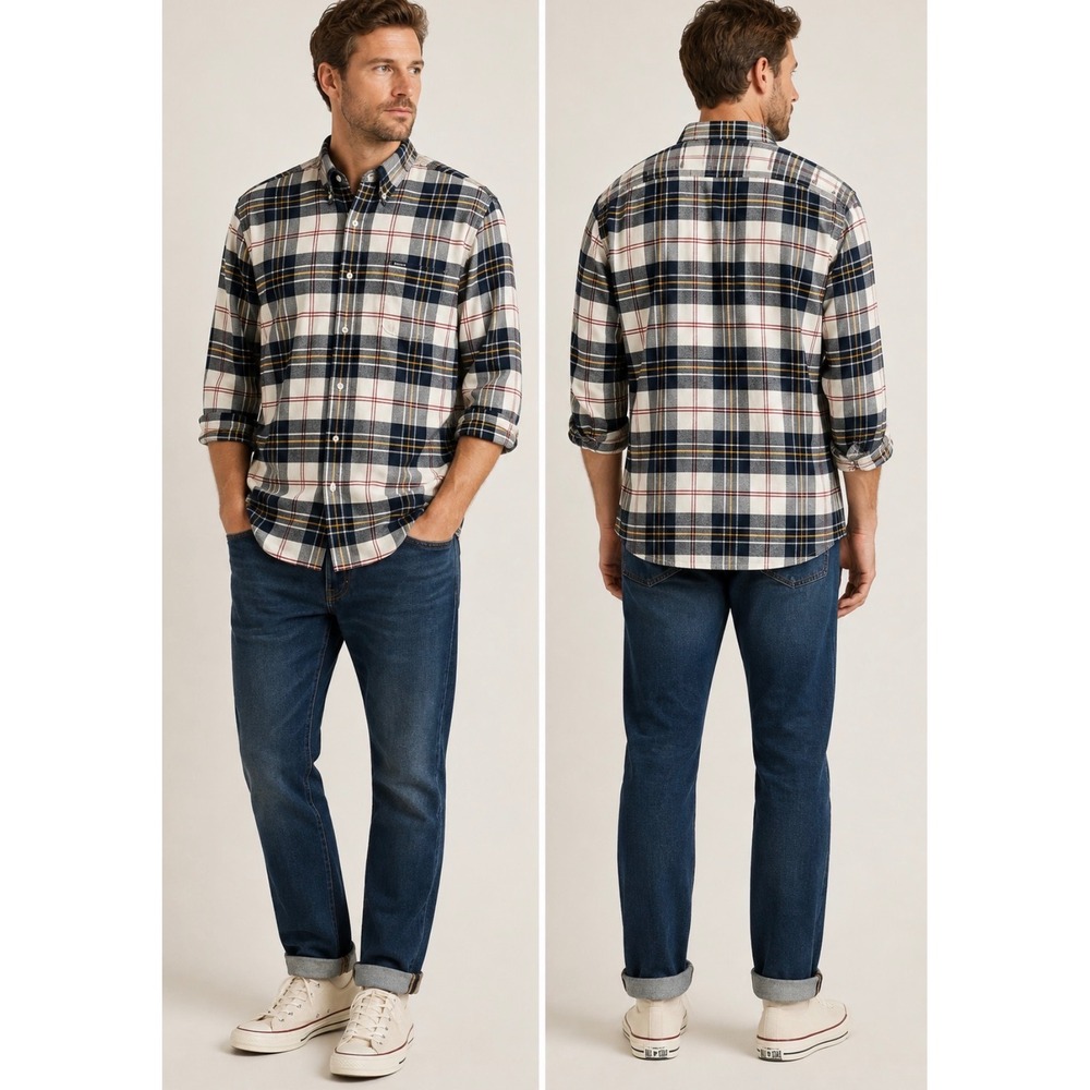 Barbour Men XL Shadow Tartan Plaid Flannel Shirt Tailored Fit Cotton button down